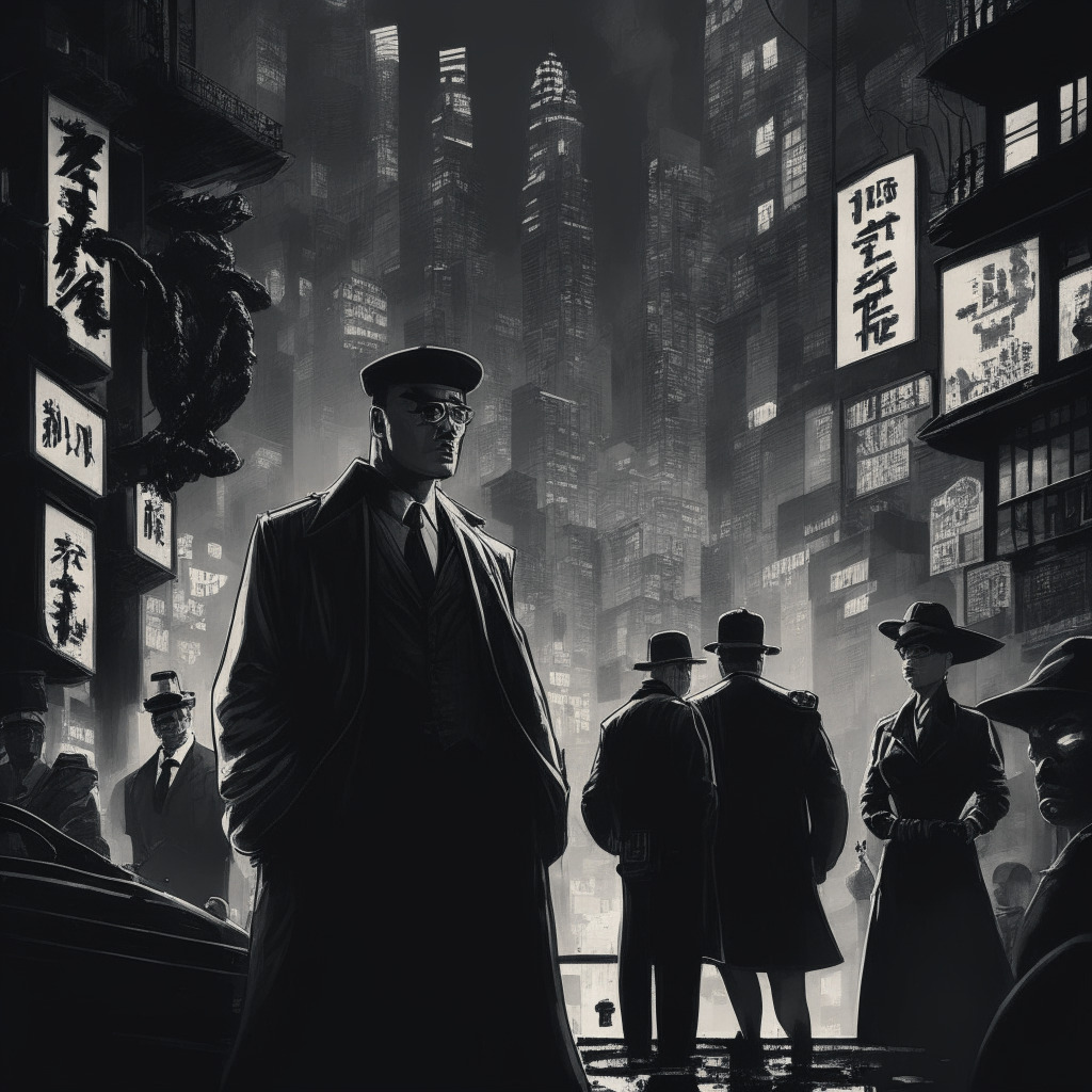 A noir-style scene in Hong Kong cityscape depicting a digital currency drama. Features a mix of modern and vintage elements: crypto coins, a law enforcement figure, a mysterious suspect figure, and a sense of looming corruption. Darkly lit, showcasing a mood of intrigue, caution, and crackdown. A symbolic lock in the foreground to represent the tightening of regulations.
