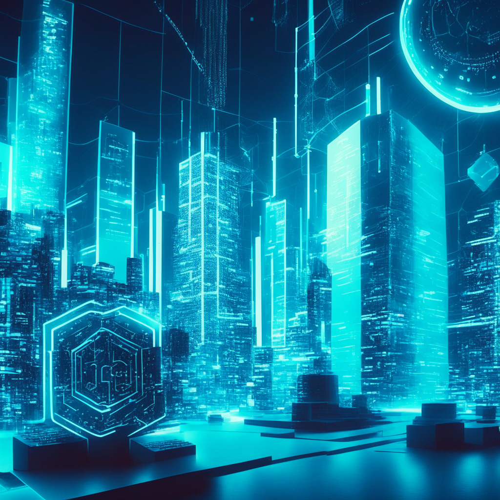 A futuristic financial hub illuminated by a soft, cerulean glow, demonstrating a high-tech, ethereal atmosphere. Teeming with symbols of blockchain tokens and central banks from France, Singapore, and Switzerland, staging a seamless cross-border crypto trade. The mood radiates transformative success, revealing the scope of DeFi technology advancement. Bitcoin styled patterns hint at the tokenization, and the decentralized exchange's abstract artistic interpretation accentuates the scene.