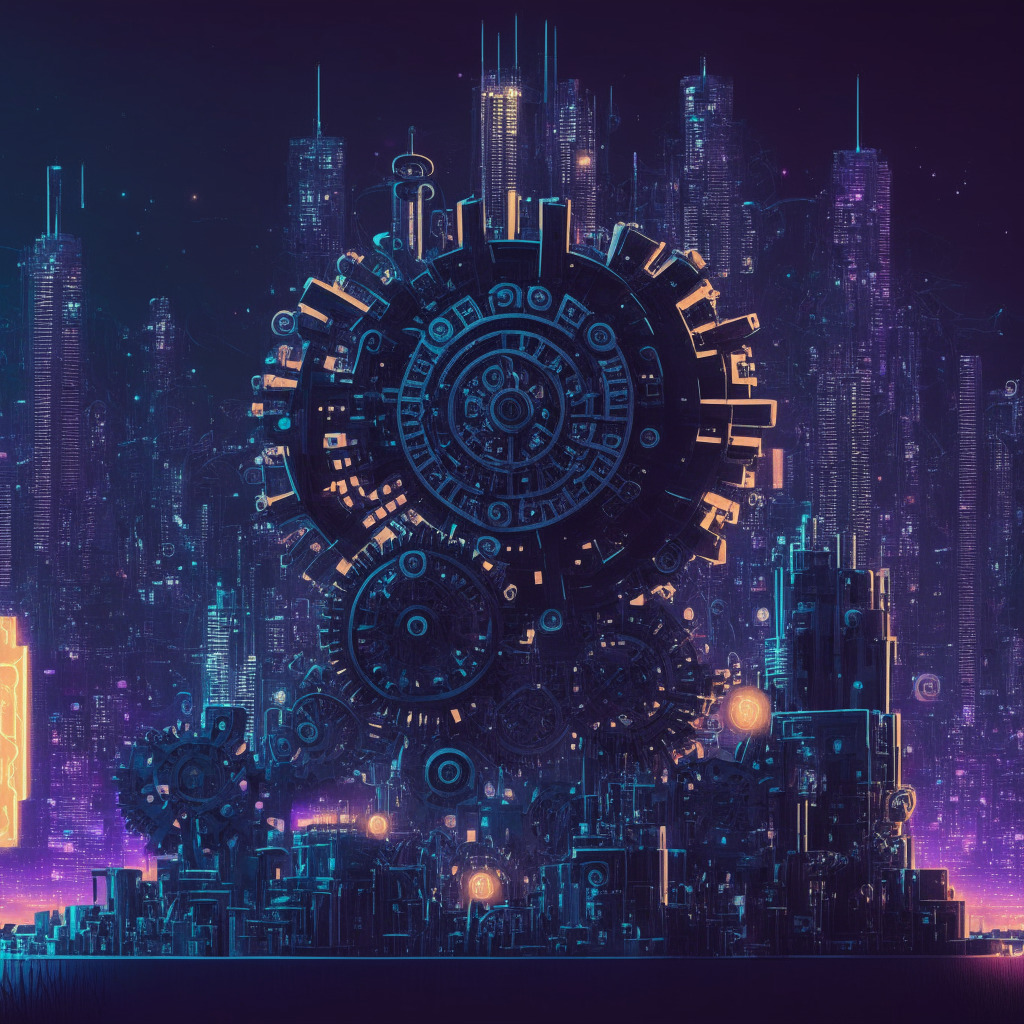 Futuristic illustration in somber tones, highlighting the concept of digital wallets and blockchain technology. Depict an intricate piece of machinery crafted with cogs and gears to represent the advanced Metamask Snaps technology, assimilating Bitcoin, Solana, and others. Set this machine against the backdrop of a city skyline lit by the cool digital glow, mimicking late-night artificial lighting to evoke an ambience of contemplative potentiality. Add a free-floating array of diverse human profiles around this machinery, symbolizing both tech-savvy and novice users. Use a realistic style with a hint of cyberpunk aesthetics to infuse the air of modern digital innovation and potential user complexities.