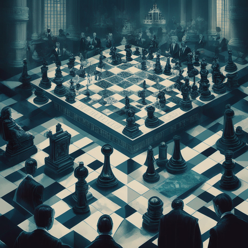 A global crypto regulation chessboard, balancing digital assembly lines called by London Stock Exchange Group with blockchain motifs against a backdrop of the US courtroom atmosphere featuring indistinct celebrity figures. Muted Chinese landscape represents the blurred line amid property laws and cryptocurrency, infusing a mood of uncertainty yet curiosity.