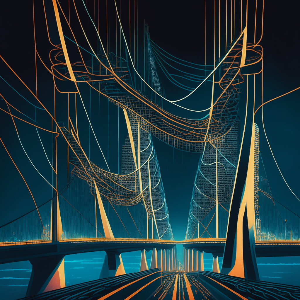 An image of a massive bridge with expansive cables, connecting two modern, futuristic cities representing Base and Optimism networks. The bridge is adorned with glowing USD Coin motifs signifying its recent operational expansion. The artistic style is impressionistic, emphasizing the broad strokes of change against a dusky sky, but also casting long shadows, hinting at challenges and skepticism. The colours are both vibrant and muted, creating a mood of anticipated progress tempered with caution.