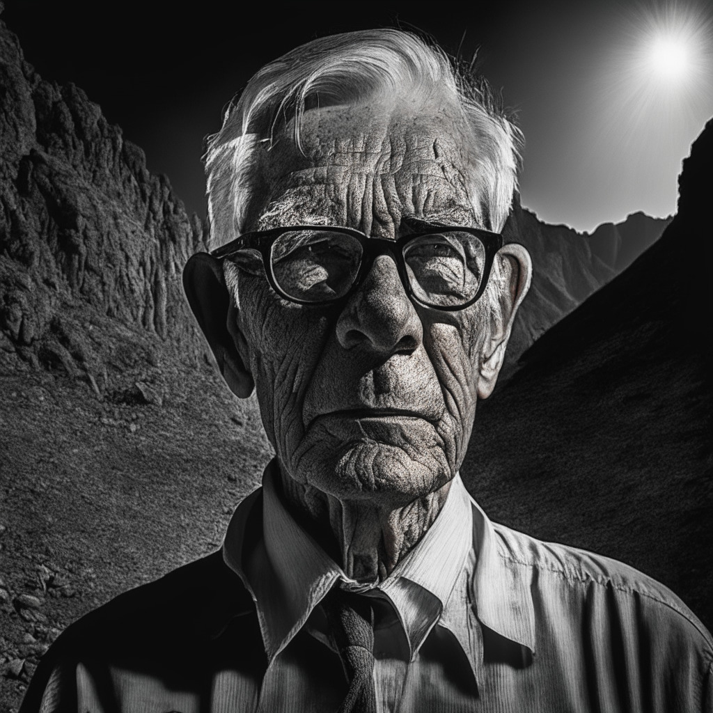 A chiaroscuro-styled image of an ex-SEC official (older gentleman, greying hair, glasses) highlighting the need for stronger regulatory measures. He stands before shadows representing opaque and untapped crypto regulations, on a rough, rugged terrain, indicative of the tough and uncultivated field of crypto enforcement. His intense eye gaze speaks to concerns and his persuasive call for action. His hand reaches out towards a barely visible symbol of the DOJ, underscoring the crucial need for their involvement.