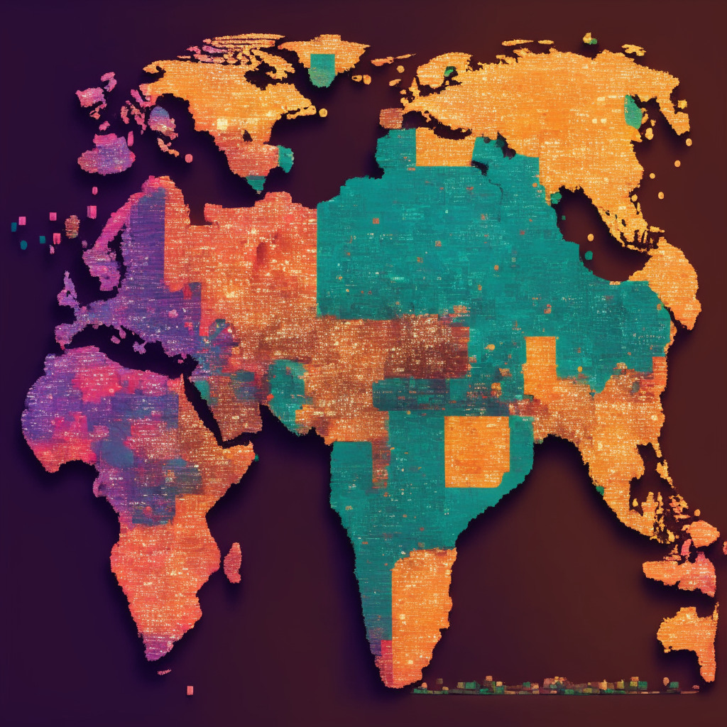A futuristic map of the world, splashed with the distinct colors of India, Nigeria, and Thailand, standing out prominently. The light is a soft, dawn glow, infusing a sense of optimism. Each country appears vibrant, filled with pixelated cryptocurrency coins, symbolizing grassroots adoption. High-income countries subtly styled as towering institutions, while lower-middle-income countries look like computer chips and circuits, demonstrating a duo-path adoption trajectory. The style reminiscent of impressionist art but with a cyberpunk twist. Some areas of the map are shaded dramatically, invoking a sense of uncertainty, symbolic of market risks and volatility. Overall, the artwork radiates a delicate mix of hope and caution, embodying the evolving narrative of global cryptocurrency adoption.