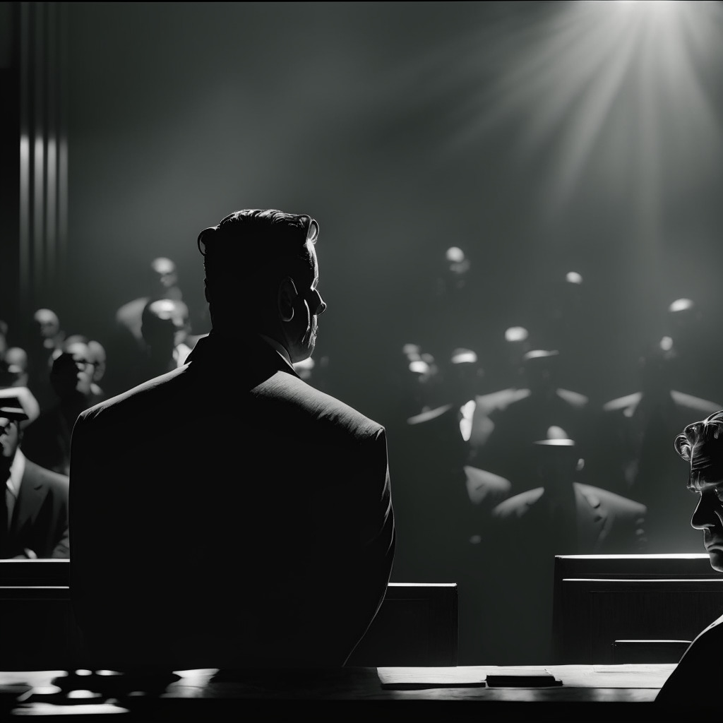 Dramatic courtroom scene rendered in film noir style, featuring a visibly tense man on the stand, signifying a cryptocurrency executive, backlit by harsh courtroom light, adding unsettling shadows. In the background, a swarm of shadowy figures suggesting crypto investors, their expressions a mix of anticipation and anxiety. Image exudes a mood of suspense, anxiety and intrigue, symbolic of the regulatory mystery engulfing the crypto world.