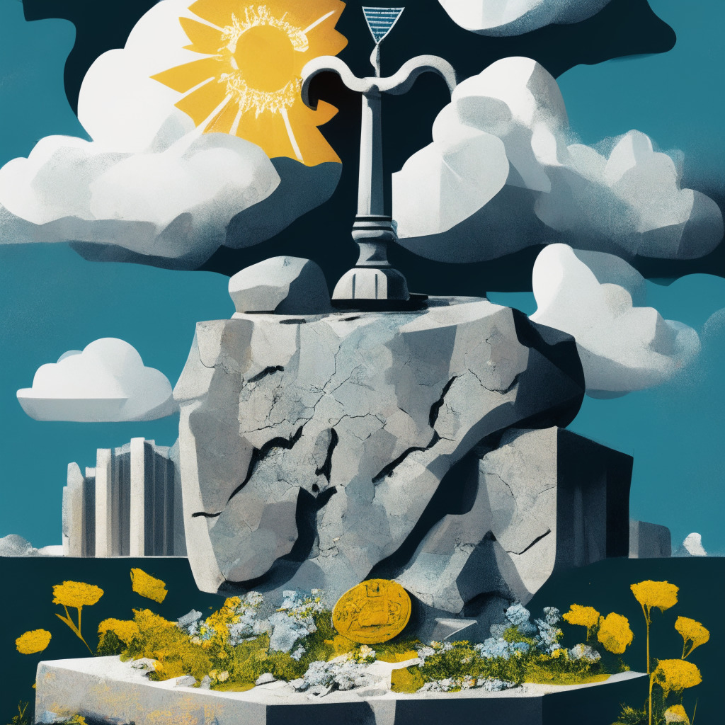 An imposing stone gavel resting at the center of a geopolitical map: Crypto coins in the American sector with a stormy gray cloud overhead, contrasting with sunny skies, flowers blooming in Singapore, UK, UAE, and Switzerland sectors. Use a cubist style, emphasizing the tension between gloomy and vibrant areas, depicting the regulatory divide in the crypto landscape.