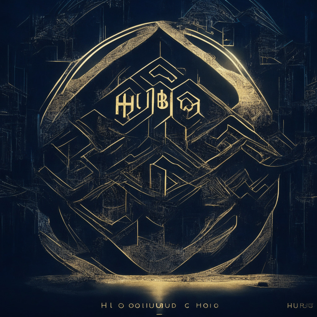 A symbol-laden crypto exchange hub shrouded in mystery, with references to Huobi's rebranding to HTX, and the controversial stir it caused. Interwoven elements represent blockchain technology, Three Arrows Capital's inventive GTX project, and the dynamic tension in the crypto world. Light casts long shadows, symbolizing the prevailing uncertainty. In baroque style, rich in detail, saturated colors. Mood: suspenseful, unsettling yet intriguing.