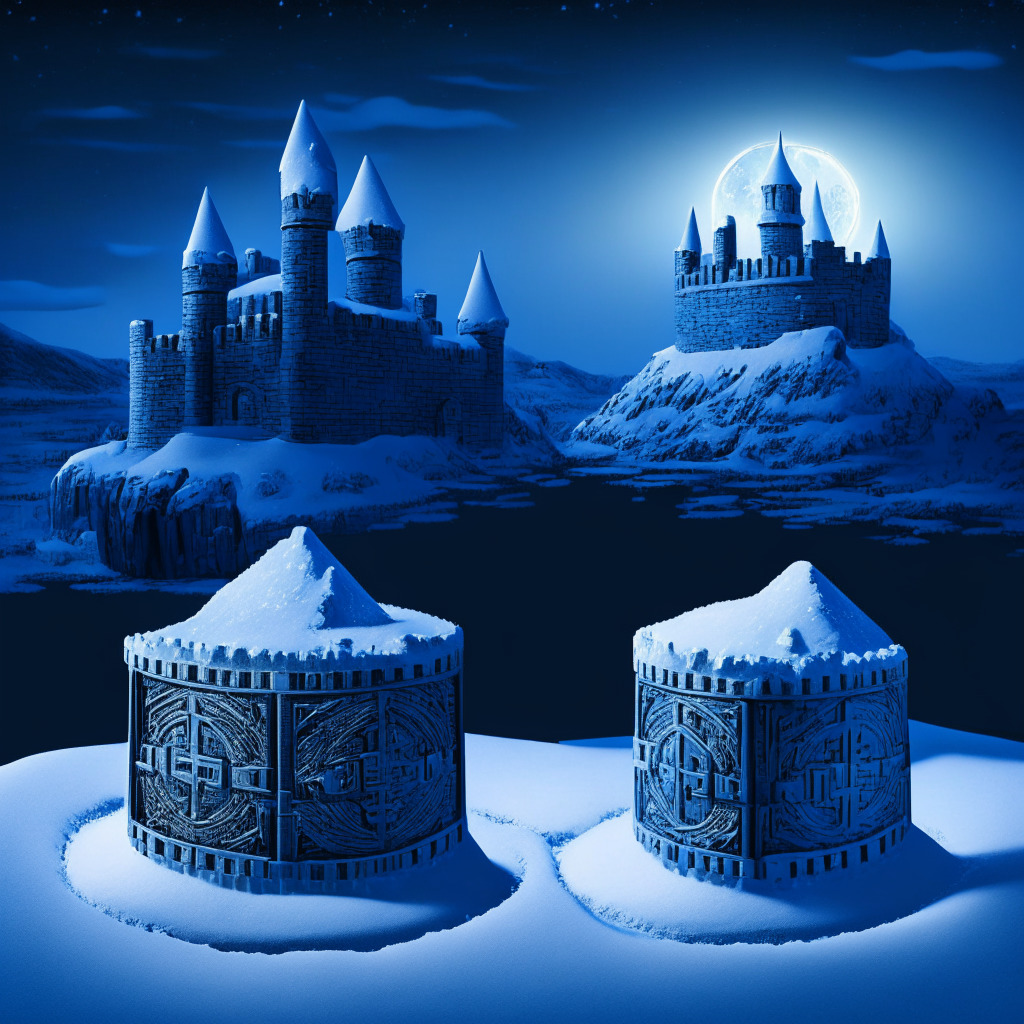 An intricately detailed snowy fortress representing a crypto-exchange, looming over a computerized landscape at twilight. Two identical coins, symbolizing genuine and fake tokens, float in the cool, cobalt sky. One coin casts a dark shadow. The other emits radiant light, lightweight code swirling around both. Strong fortress with reinforced walls exhibits resilience, integrity, and rapid response against threats.