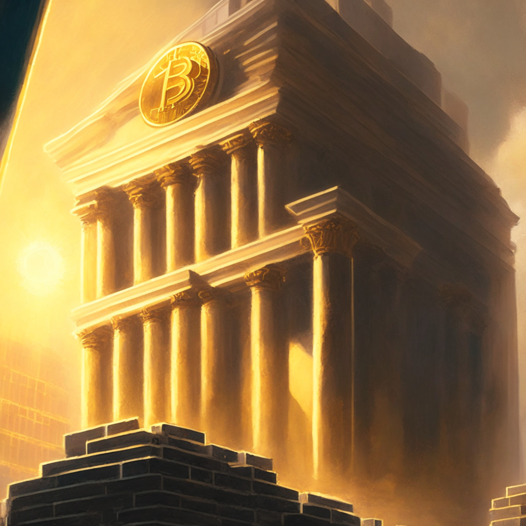 An evocative oil painting-style image of a crypto exchange building, balancing a large Bitcoin on its ledge, highlighted under a soft, glowing golden light that suggests reliability, faith, and a sense of mystery. The scene exudes tension - reflect the conflict of interest and market manipulation suggested in the crypto world. The image portrays an atmosphere of intrigue with notes of controversy.