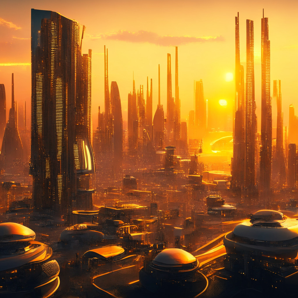 A busy, futuristic Texan cityscape bathed in the golden glow of a setting sun, with numerous crypto mining farms nestled amidst the city, marking the emergence of a new era. The image, rendered in a neo-cyberpunk style, is alive with the activity of various stakeholder groups – government officials, corporations, non-profits – engaging in robust dialogues. All elements in the scene point toward a harmonious cohabitation of traditional Texan spirit and the disruptive potential of digital currencies. The mood is hopeful, reflecting the optimistic vision of the Crypto Freedom Alliance.