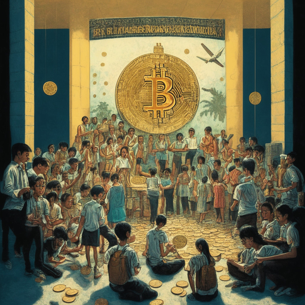 An intricate tableau depicting a bustling educational scene in El Salvador with students engaging in Bitcoin literacy, set against the backdrop of a giant crypto coin to symbolize the newly introduced curriculum. Injection of a certain tonal anxiety denoted by a figure parting with a large amount of money. Lighting to be predominantly warm yet disrupted by certain areas of uncertainty, in light of potential exit scams and SIM swap attacks. Contrast this with the celebration of Huobi's jubilee, symbolized by binary-coded '10' on a massive cake. Introduce an element of turbulence in the form of a courtroom drama, symbolizing Binance's tussle with the SEC. In a corner, unnoticed, a figure emerges from shadow, encapsulating the new leadership at MobileCoin. An Asian corner with tightened grip but increased adoption of crypto activities. A giant internet giant, representing the tech and finance entities, steps forward, leading the way by illuminating a path through the darkness. Ambiance bears an undercurrent of humor, observed in subtle, joyful reactions amidst the fray, illustrating the spirit of crypto community in face of volatility and changing regulations.