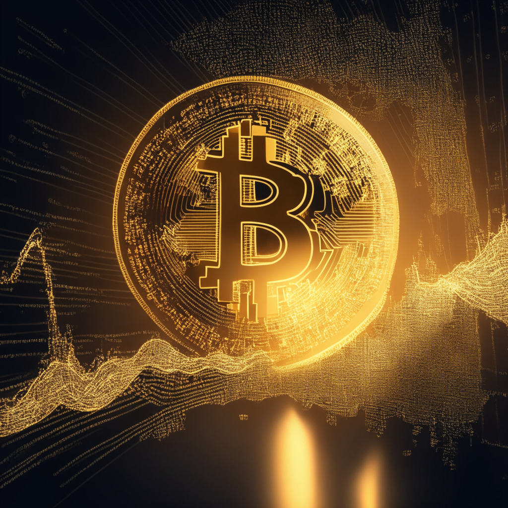 An abstract visualization of a robust, gleaming gold coin with a Bitcoin symbol etched in the middle, representing Bitcoin BSC. It's located on a floating, hi-tech digital bnb smart chain, against a backdrop of an evolving, dynamic market graph showing a steep climbing trajectory. The image portrays a dawn setting, projecting the start of a promising journey and foreshadowing the potential for impressive return investment. The artistic style should have a fusion of Surrealism to represent the futuristic potential of cryptocurrency, and Realism to ground the image in the reality and tangible nature of investment. The image should evoke feelings of anticipation, excitement and the thrill of potential gain.