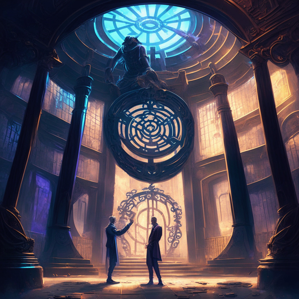 A tense encounter between a stern regulator and an innovative legislator, both standing under the elaborate ceiling of a courtroom filled with majestic murals. The former, embodied as a steel gate blocking a path adorned with vibrant, futuristic crypto coin symbols, while the latter, a passionate sculptor crafting transparent, inviting pathways around it. The setting is under an ominous, dreamy twilight, reflecting an air of anticipation and uncertainty, where the scent of regulation hangs heavy. Expressionist style with strong contrasts.