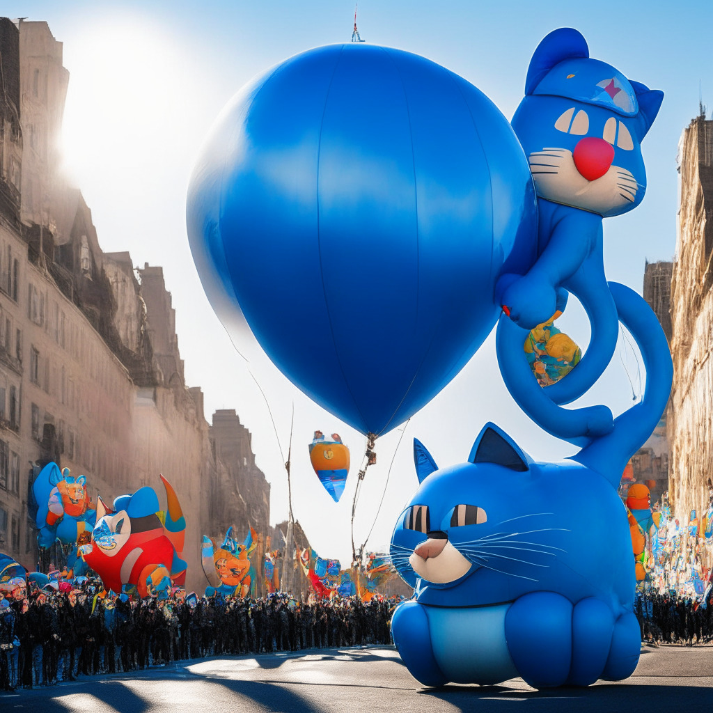 A vibrant and festive Thanksgiving Day Parade with oversized, whimsical floating balloons depicting characters from Web3 world, specifically a charismatic blue cat and a whimsical milk carton from Cool Cats Group's NFT Universe. The atmosphere soaked in the morning light with a semi-realist artistic style, reflecting the synthesis of tradition and technology, capturing a mood of curiosity, innovation, and a touch of controversy.