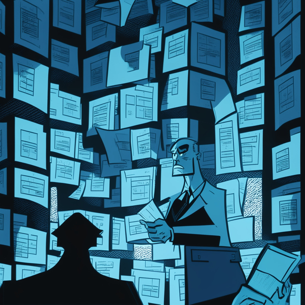 A heated dispute in the glow of digital screens in a bank vault filled with stacks of digital currencies. A looming figure, holding a document titled 'lawsuit', emphatically points toward a clock illustrating the late hour, underlining the urgency. Slightly surreal cubist style, muted but tense blue and grey tones, creating an atmosphere of high-stakes financial drama.