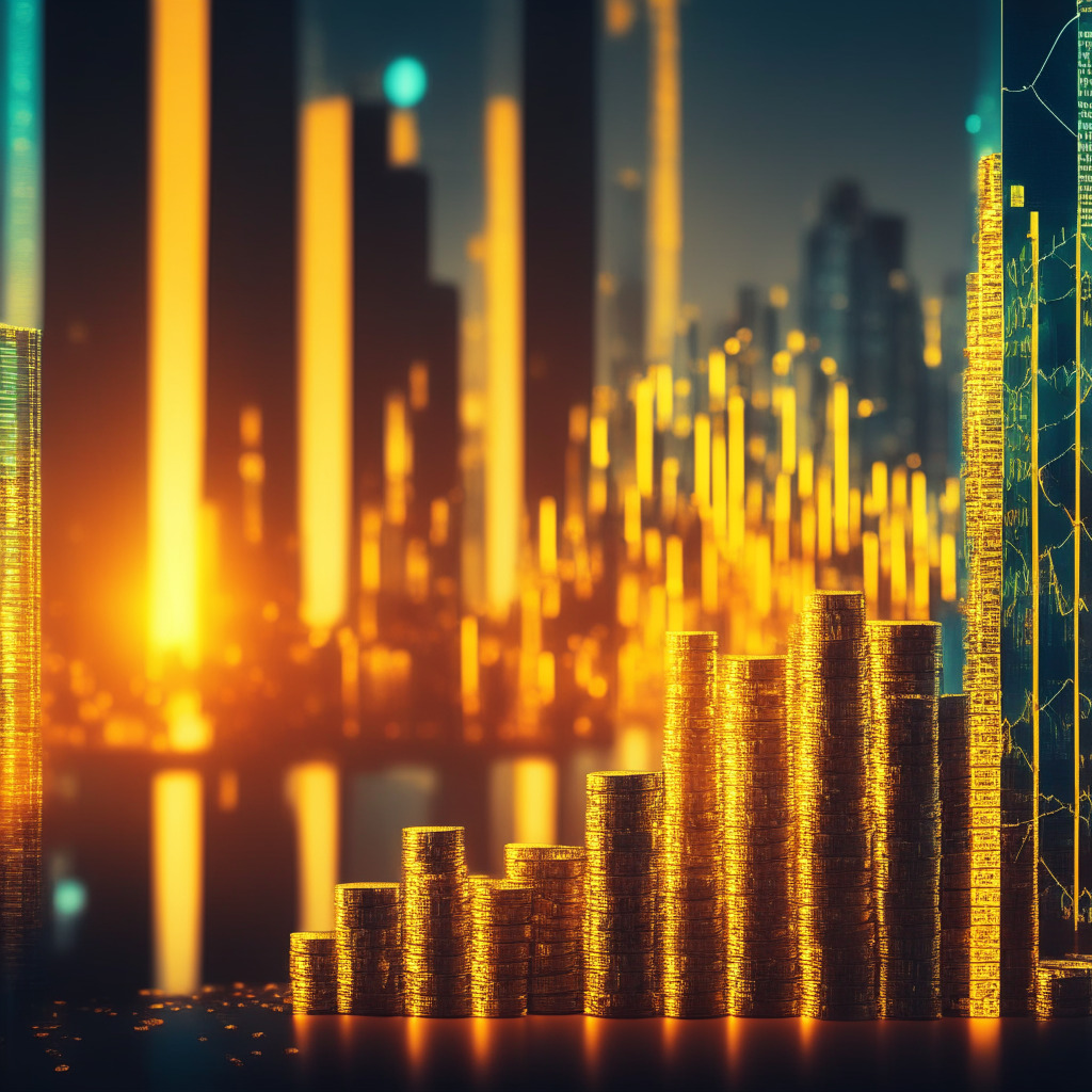Dusk illuminated landscape of futuristic financial district, sophisticated, intricate details showing the surge in cryptocurrency market symbolized by skyscraping golden graphs. Atmosphere of optimism, warm yellow-orange lights glow from city. Background of safely stacked coins, touches of cyan reflecting renewed investor trust, hint of cautious green chart lines.