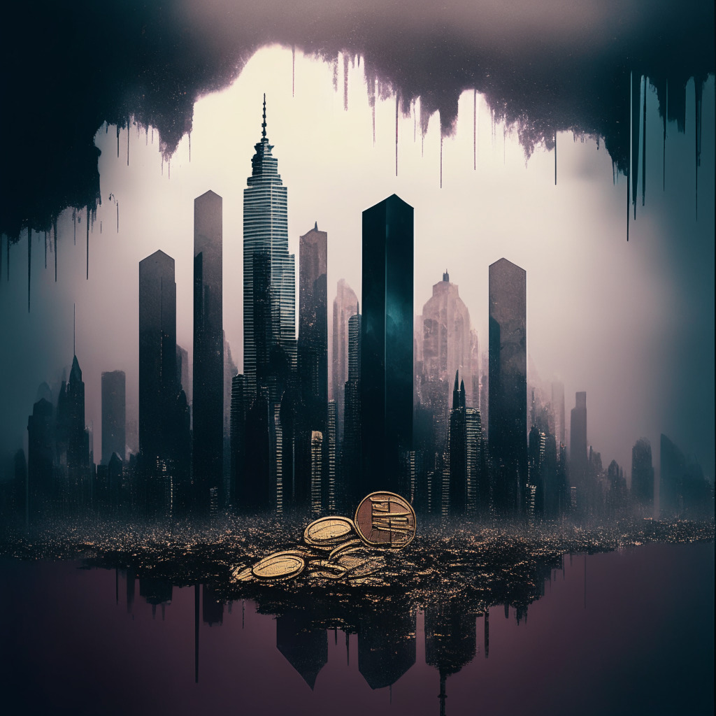 A gloomy skyline over the cityscape, styled with Painteresque hues amalgamating to showcase a metaphor of falling crypto market trends, touches of bronze & silver symbolising spot and derivative trading. Suspended coins mid-fall, displaying dwindling values, amidst fluctuating fog. Building silhouettes embody different exchanges with shrinking or expanding profiles, adding dramatic chiaroscuro for an unpredictable, cautionary mood.