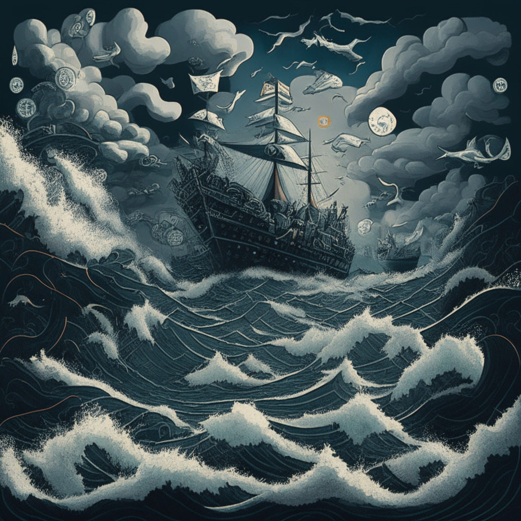 A tumultuous sea under a gray sky, featuring ships representing various cryptocurrencies caught amidst giant waves, veering between the menacing, shadowy bear forms and bullish, sunlit patches. Each ship struggles to navigate the storm. The trading chart-inspired waves, symbolize fluctuating values. Artistic style should blend neo-surrealism with a touch of cubism. Overall, the light must evoke an ambience of uncertainty and tension.