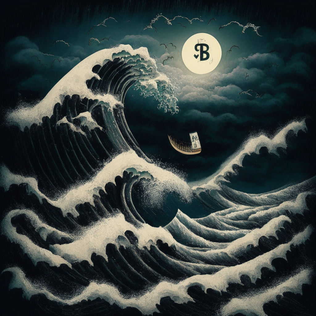 Rollercoaster Crypto Market in a Dark Surrealistic Style: Chaotic Waves in Stormy Seas to represent volatility, Sushi blooming under full moonlight as a beacon of hope amidst chaos, Bitcoin struggling in quicksand to signify its struggle to establish a bull run, XRP hurtling down a cliff to depict its crash, and Regulations looming like Brooding Clouds to portray legislative uncertainty.