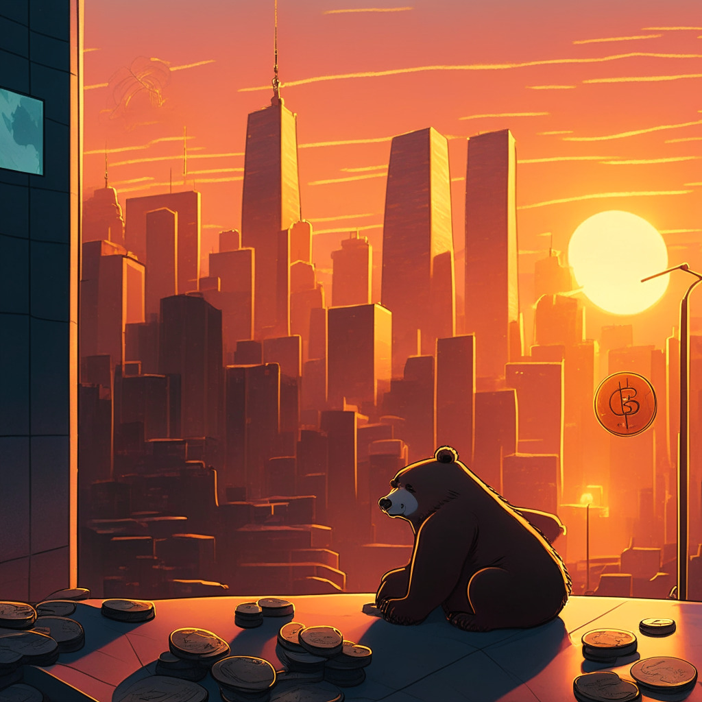 A sleepy crypto marketplace under the pale glow of a setting sun, tokens transform into digital assets in a sleek, modern Korean city, light bouncing off the buildings. The atmosphere is edged with caution and speculation, as crypto interest falls like a barometer. A seesaw balancing ETFs and tokenization sits on the cusp of a pivotal decision, while a bear lurks, anticipating a possible market dip.