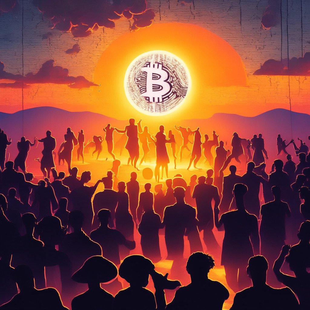 A contrasted landscape at sunset, exhibiting a dance floor where bitcoin coins and graphs waltz languidly, under a dim, cool light indicating a low profile. In opposition, an effervescent corner, warmly lit, crowded with energetic ETH symbols embracing a lively dance around the Deribit logo. A divided audience looks on, some engaged others distant. Mood – intrigue, ambiguity, tension, excitement.