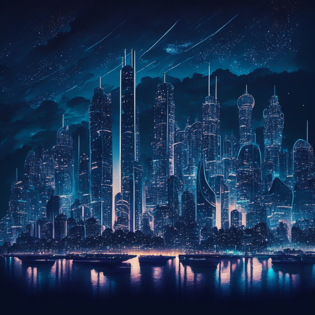 A luxurious skyline of Singapore at night, bright city lights reflecting on the futuristic architecture, hosting the heart of crypto tycoons. Scenes depicting a bustling digital world, filled with modern investors, traders and miners. The extravaganza complements the serene night sky, with the cybernetic skyscrapers reaching for the stars. Artistic style insinuates a fusion of realism and neon cyberpunk aesthetics. The mood stands confident, innovative, and radiant, the city echoing prosperity within the digital land.