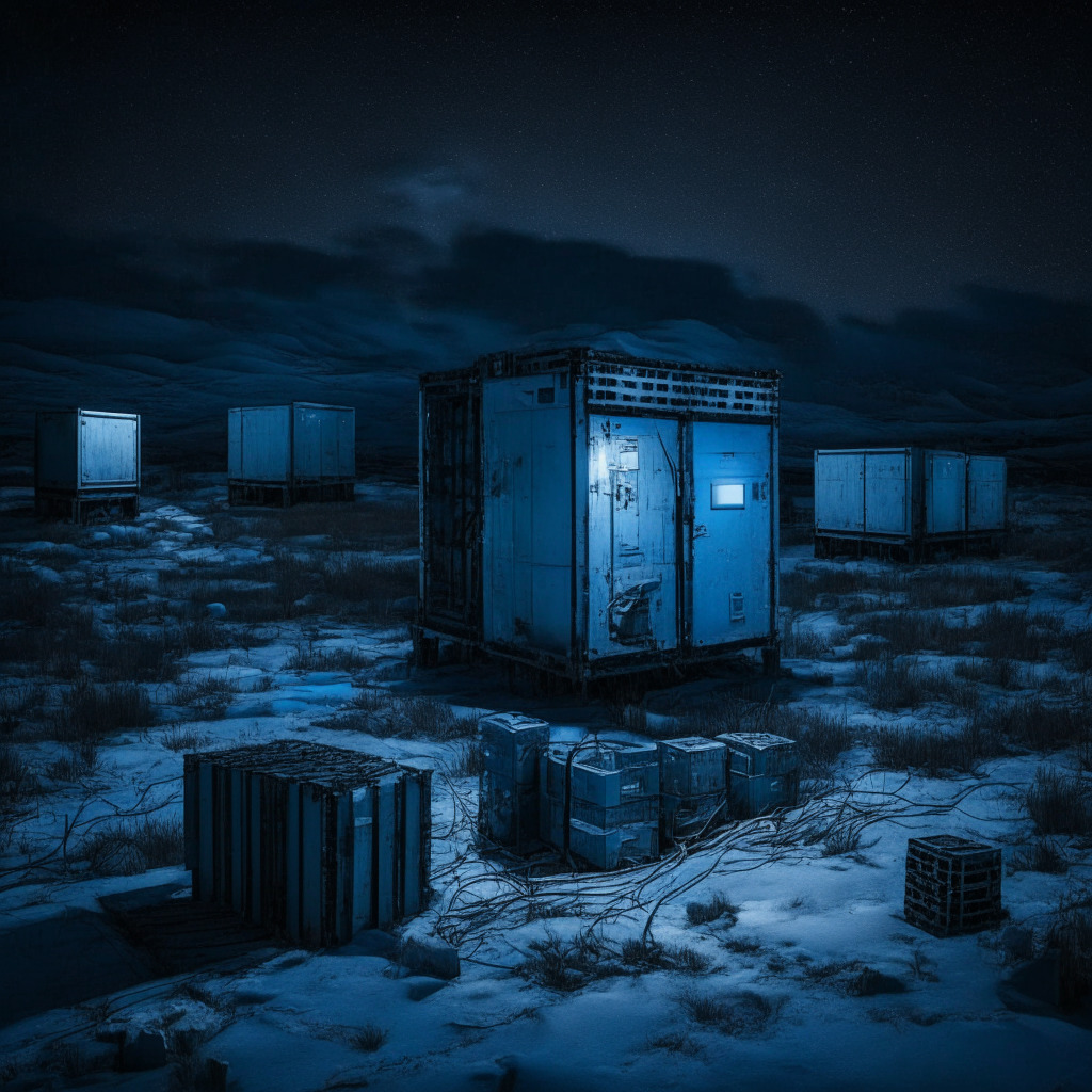 A stylized, gloomy image of a crypto mining rig set up within two container units, hidden in the icy terrains of Yuzhno-Sakhalinsk, Russia. The scene is washed in an eerie blue moonlight, reflecting the secretive operations. The backdrop showcases a distressed, flickering local electricity grid representing drained energy resources. The mood is in a state of severe tension confirming the deleterious impact of these unauthorized activities on the environment.