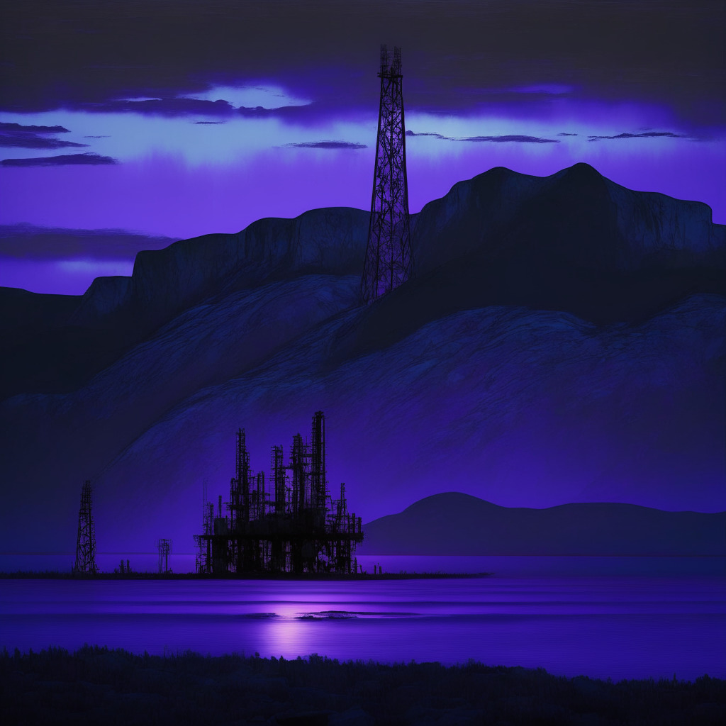 Dusk in the Argentine Patagonia with an oil rig, excess gas being converted into bright energy for crypto-mining, set in palette of deep blues and purples. Atmospheric light, casting dramatic shadows, illuminating the innovative process. Mood: Hopeful for sustainable futures. No logos.