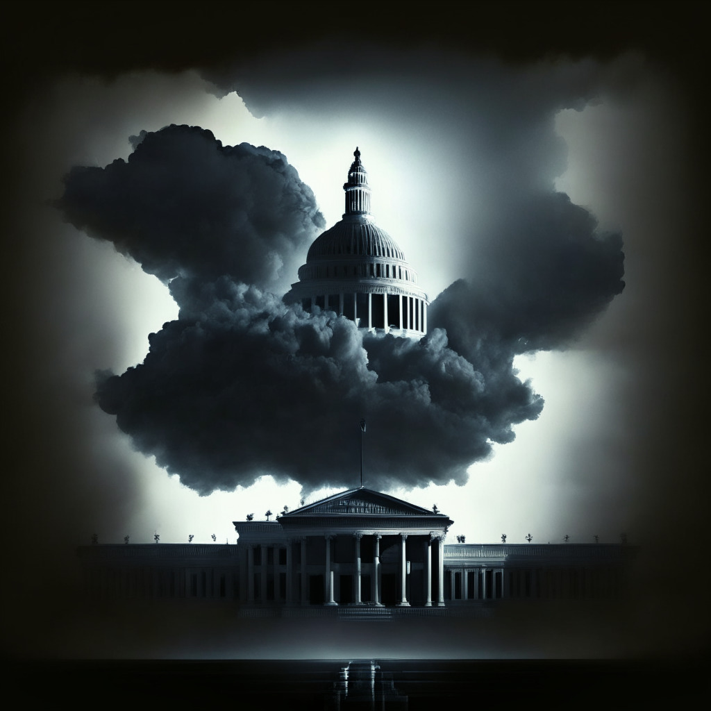 A dramatic scene of a looming storm cloud over the Congress, capturing the tension amongst lawmakers. The cloud, a metaphorical representation of possible government shutdown, casts a somber mood with dark, ominous tones. Suspended animation dominates the scene symbolizing frozen legislative progress. Warm light filters through a cracked gavel, representing the flame of hope within the crypto community.