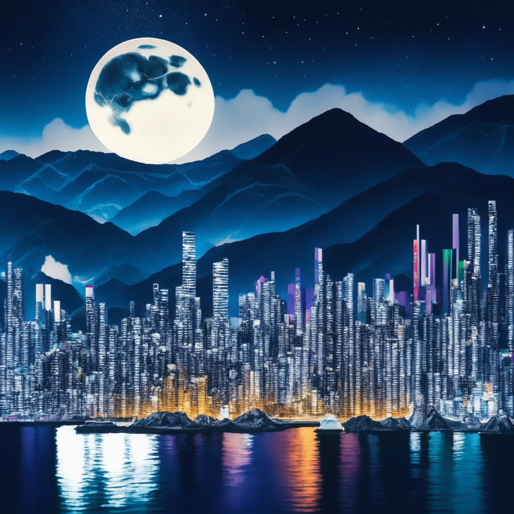 A bustling skyline of Hong Kong shimmers under a silver moon, reflecting its top Cryptocurrency Readiness Score. Swiss mountains loom majestically in the background displaying the competitive spirit in the crypto landscape. An assortment of miniatures represent global leaders like Slovenia, Canada, and Australia, painted in vibrant colors alluding to the criteria like ATM availability, business, and accessibility. The image is tinged with the suspense of a chess match underlining the volatility and dynamics of the global crypto market. In the foreground, a significant visual metaphor symbolizes the shift of power within countries, like New York outshining others in the United States. The distinct style of Impressionist painting emphasizes the fluctuating mood of the market.