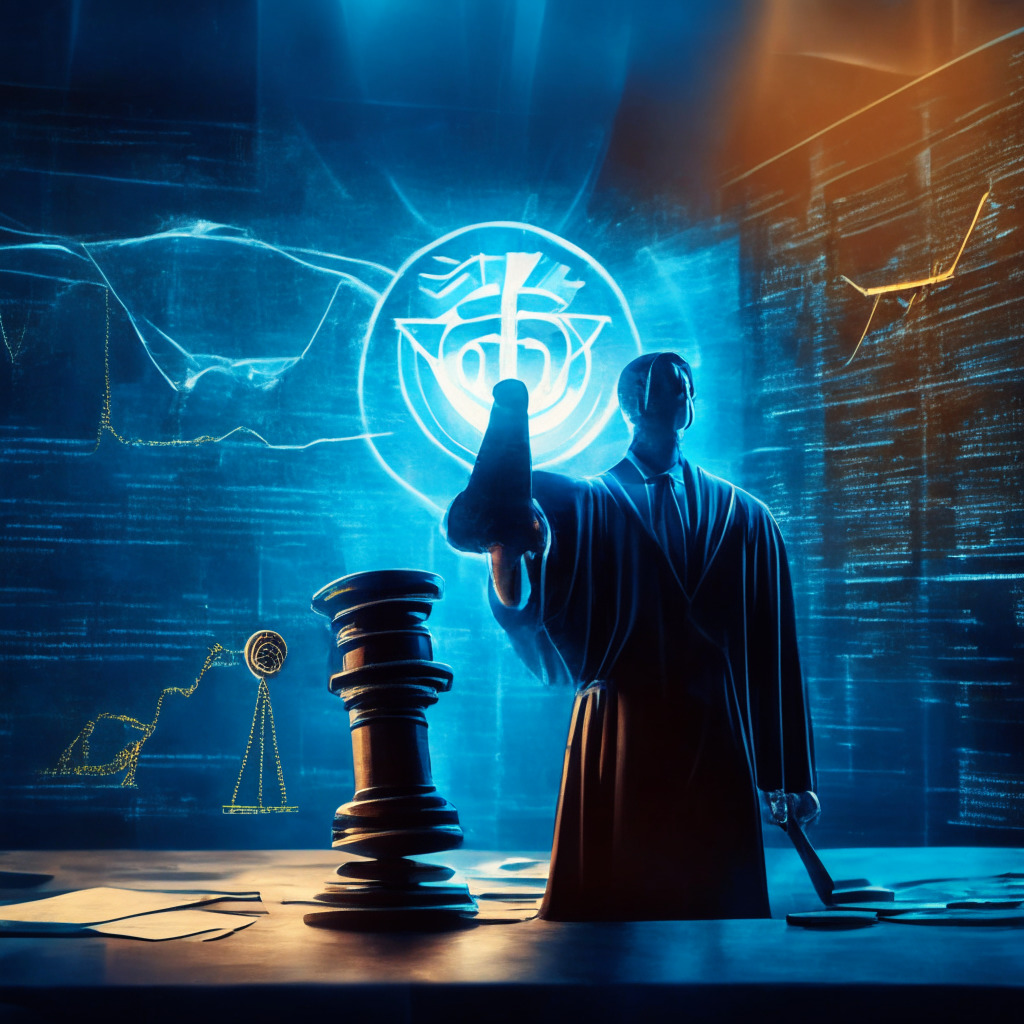 A gavel and legal documents set against the digital backdrop of abstractly connection symbols, showing a crypto market. In the forefront, a man holds steadfast, representing the unwavering stance of SEC. Impressions of cryptocurrency tokens indicating the contested security status. Light setting is dim, adding to the atmosphere of intensity, drama, confrontation.