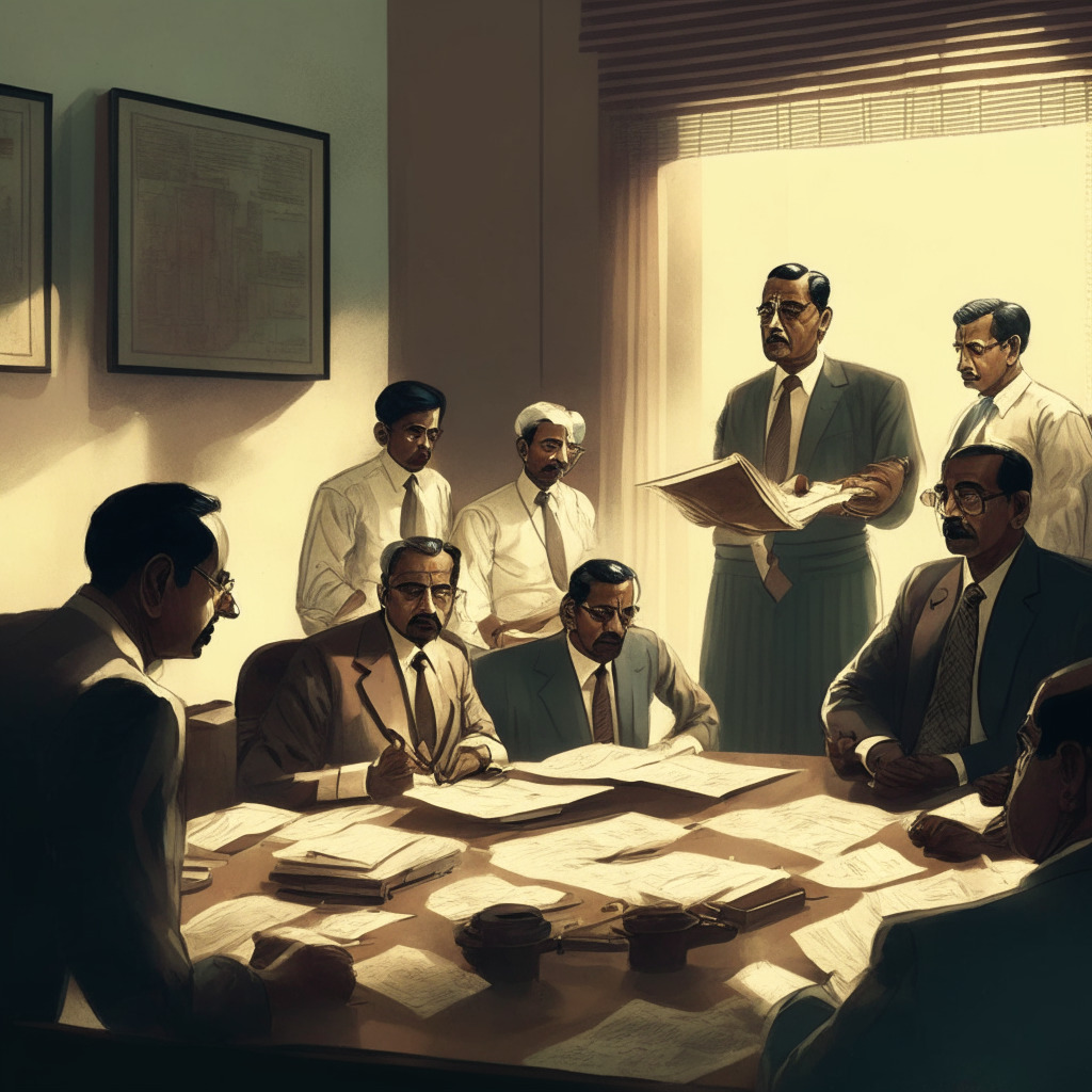 Indian governmental officials discussing the new five-point crypto ordinance, setting the mood of diligent oversight. Scene takes place in an office, lit by soft natural light creating calm ambience. Art style akin to an elegant oil painting. Emphasis on documents marking the new era of crypto acceptance, accountability.