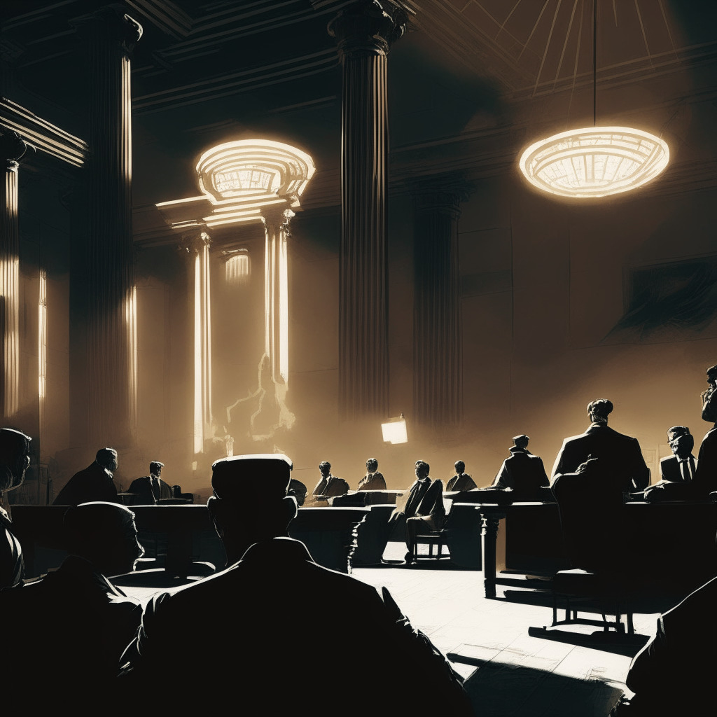 A courthouse scene illuminated by the fading evening light, Gensler and legal representatives passionately debate cryptocurrency regulations under the shadowy arches. Inset images portray Bitcoin and XRP symbols, expressing tension. Advisors in the back paint a concerned atmosphere, hinting at a gloomy future for US crypto business. Atmospheric, 20s noir style exemplifies the regulatory era parallel.
