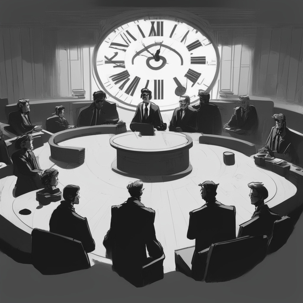 A grayscale courtroom filled with distinct characters, focusing on a central figure, interpreted to be Sam Bankman-Fried standing or sitting in the witness box, surrounded by a group of seven experts, a detailed overview of a cryptic digital clock face displaying the date, March 11, 2024, an ambiguous shape of the scales of justice subtly visible in the background, eerie shadows cast by the low-light setting, a somber mood pervades the room, the style should convey uncertainty and tension, reflecting the challenging circumstances and implications of the crypto industry's legal landscape.