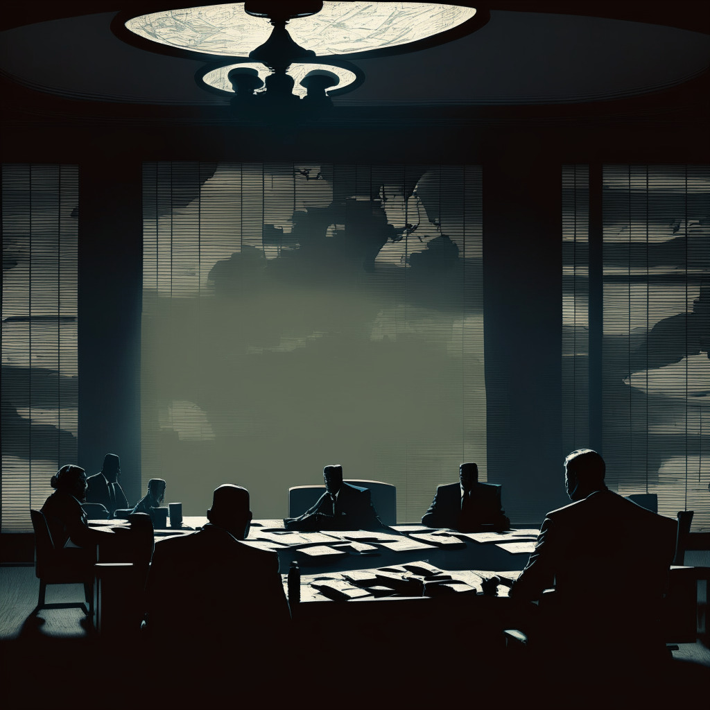 An intense conference room, in the style of a dramatic chiaroscuro painting. Spotlight on a table scattered with cryptocurrency charts and legal documents waiting to be subpoenaed. A shadowy figure representing the SEC against a backdrop of a cloudy, uncertain crypto future. The room has a high-stakes, suspenseful atmosphere.