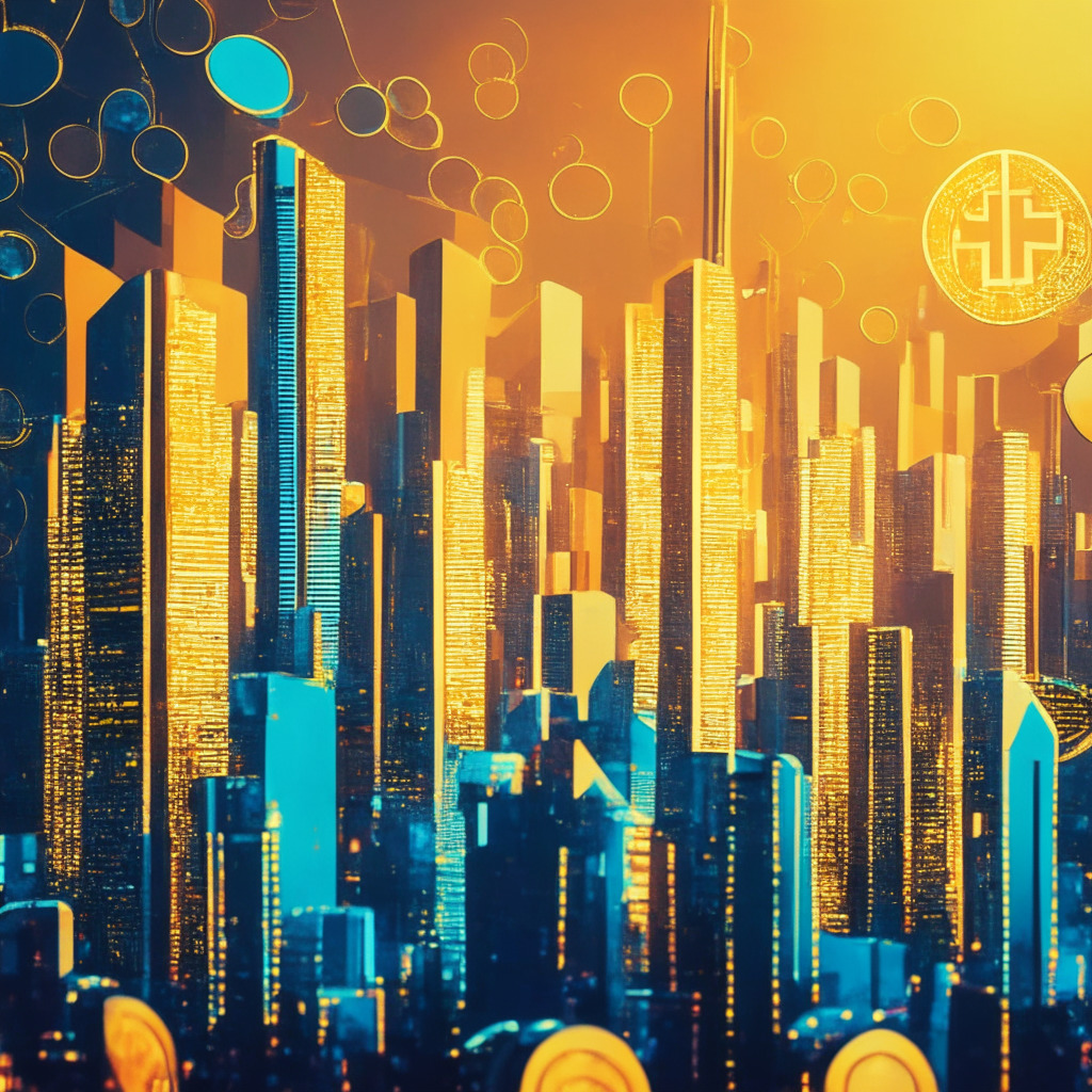 A futuristic cityscape at twilight, skyscrapers arrayed in dynamic, geometric patterns reflecting neon-coloured cryptocurrencies, symbolizing the burgeoning trend in Lower Middle Income (LMI) nations like India, Nigeria, and Thailand. The warm, golden hues of coins, floating in a cool blue sky, echo the resilience of grassroots crypto adoption amidst a backdrop of dynamic digital structures, representing the steady institutional adoption emerging from affluent nations. The image exudes a mood of hopeful anticipation, a striking artistic fusion of classic Indian folk art and cyberpunk aesthetics.