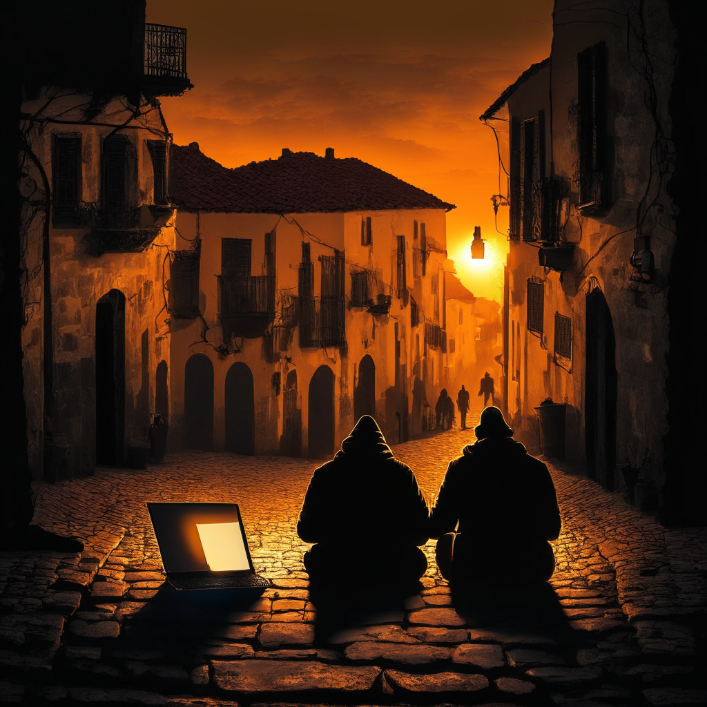 Dramatic sunset over a picturesque Portuguese town, cobblestone streets leading to two individuals sitting apart with faces of distress illuminated by the glow of laptops. They hold shining, ephemeral Bitcoin icons slipping through their fingers. Shadows hint at an unseen menace, capturing the mood of despair, loss, and betrayal. An air of Spanish Romanticism style adds depth to the narrative.