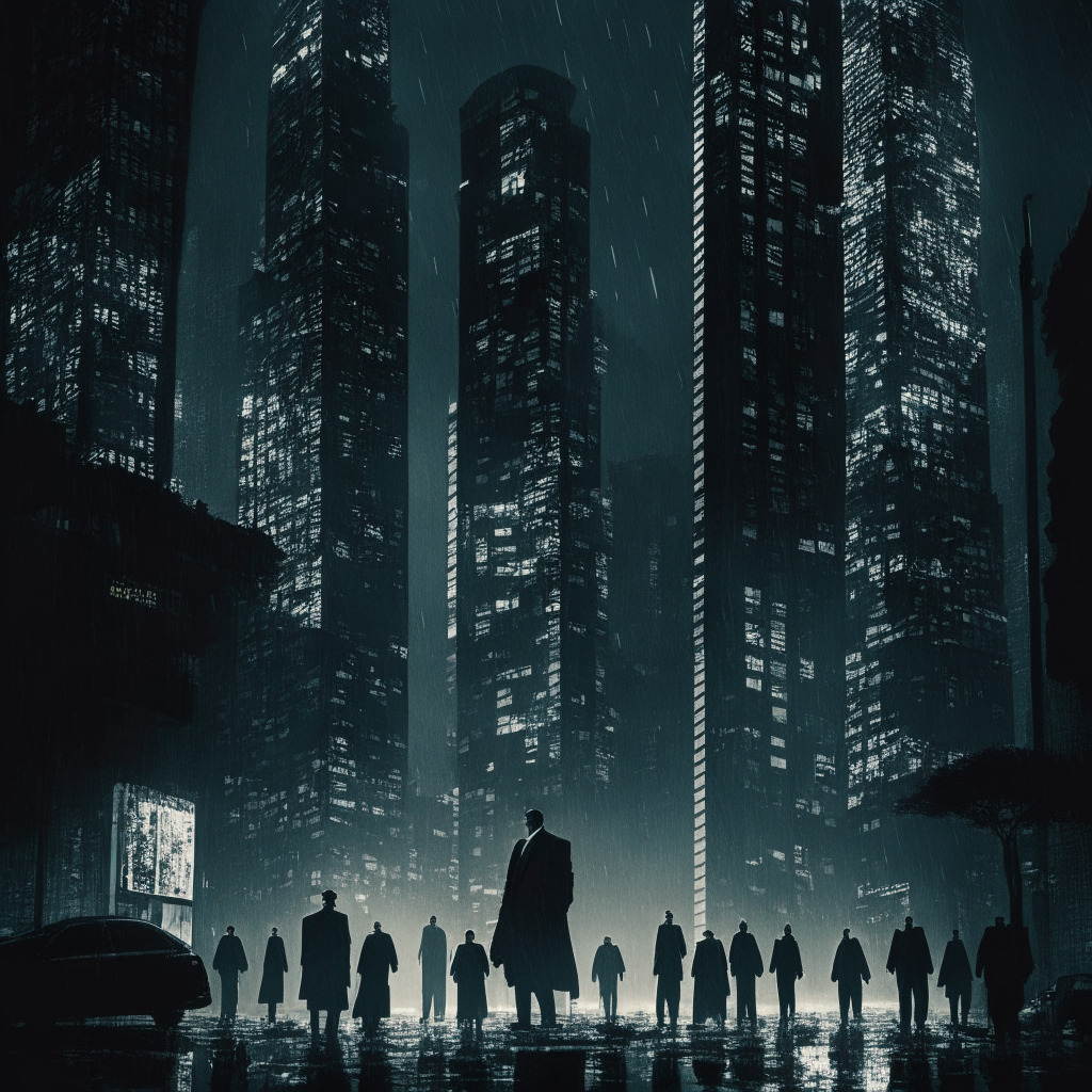 An austere cityscape with towering skyscrapers under a dusky, dimly lit sky, symbolizing Hong Kong's crypto exchange scandal. Raining crypto coins depict the enormity of the alleged fraud, individuals cast in shadows hint at the elusive suspects. The style, akin to a film noir, reflects the mysterious, controversial mood, spotlight on some figures suggest key players in the scandal. Shattered glass illustrates the abrupt crypto withdrawal issues with distant silhouettes representing countless victims. Ultimately, dawn cracks on the horizon symbolising the promising future of stricter regulations and increased vigilance.