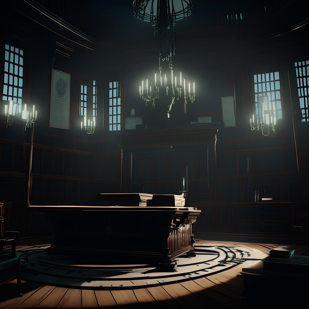 A Victorian era styled, digital courthouse setting, a room filled with mint-tinged ether in the form of a gas, ominous shadows cast by starkly contrasting chiaroscuro lighting. A blockchain code scroll unfurls across a hearing room desk with feather quill pens floating. Focus on a wrought iron vault in the back with a glowing 'NFT' carved into it, signifying robust security. Mood is tense yet resilient.
