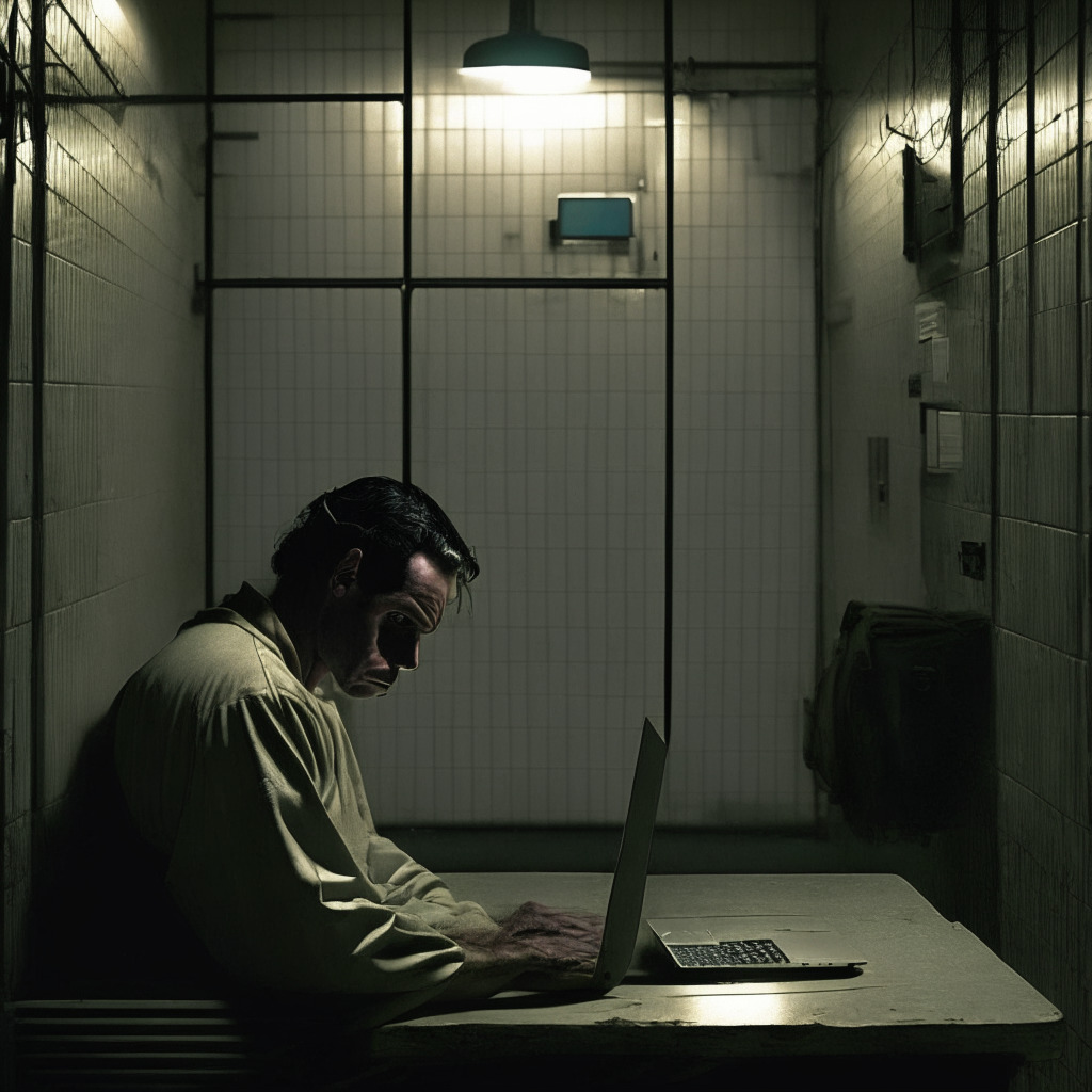 Manhattan Detention Center scenes during twilight, featuring an incarcerated tech innovator engrossed in his laptop, three hard drives nearby. Stylistic interpretation leaning towards modern minimalism, a lingering mood of tension. His face bathed in low, soft light from the laptop captures his determination amidst the suffocating bureaucracy.