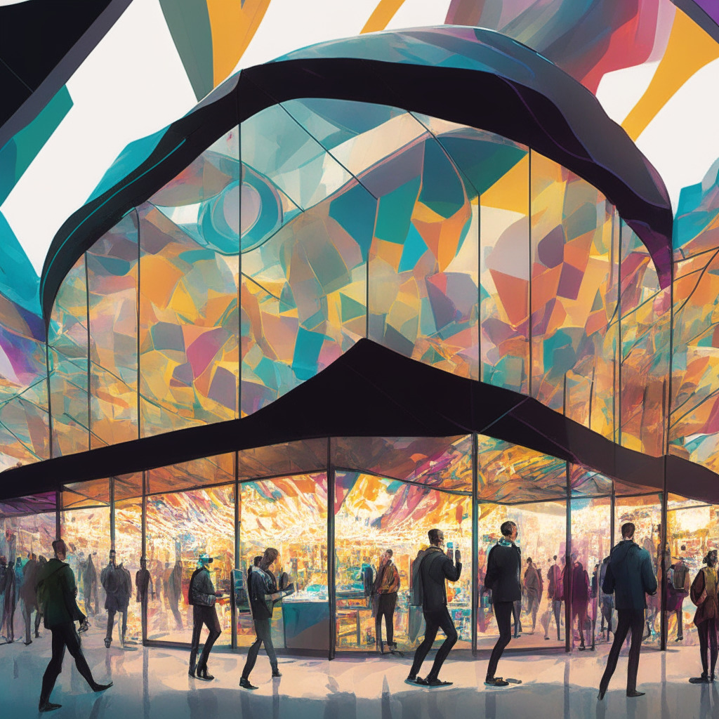 A bustling digital marketplace, swirling with activity under a reflective metaphorical glass roof. Colorful exchange booth facades symbolize significant cryptocurrency players. A towering central kiosk radiates dominance, casting long shadows. The market bustles, a mix of light and dark, capturing an air of unpredictability. Subtle indicators of volatility, such as fluttering banners, hint at change.