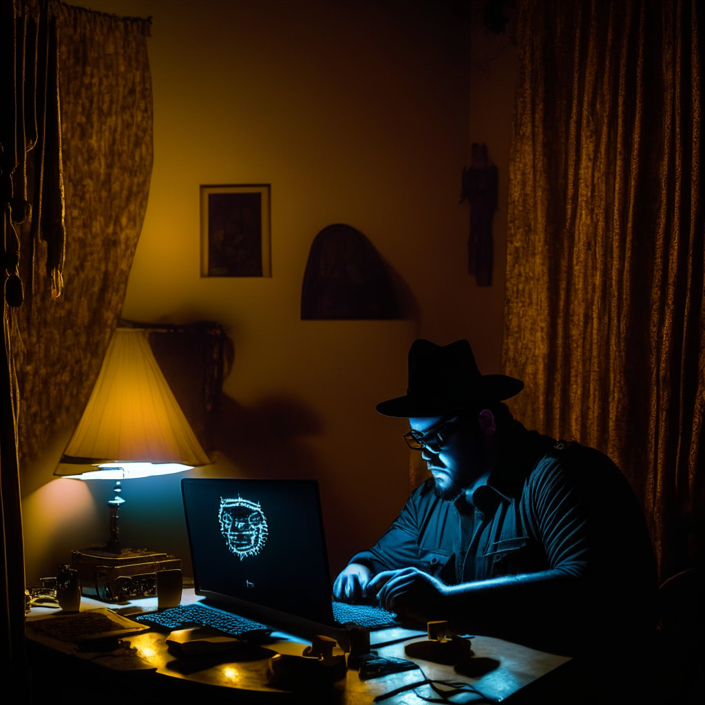 A hacker sitting in a dim lit, vintage-style room in Tucson, Arizona, concentrating on executing a SIM swap scam against unseen crypto executives. The imagery to reflect a sinister, mysterious mood, with the hacker's evil grin. In the background, a shadowy figure of federal agents, hinting imminent justice. On the table, a pile of golden Bitcoin and a miniature luxury car.