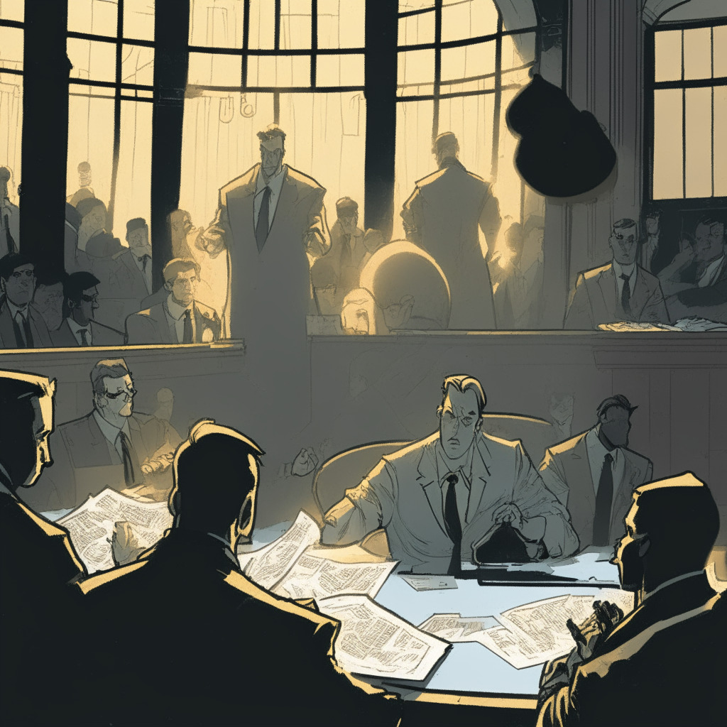 An intense courtroom scene bathed in somber, translucent light emanating from a stained glass window. At the center, a distraught figure represents Ben Armstrong, in a grey modern-style suit, surrounded by vague figures pointing fingers. A halo of frustration and betrayal envelops the scene. On a desk nearby, a miniature golden scale tips chaotically, signifying the turmoil in the crypto world. A muted palette sets a tense mood, with nuanced pop-art style adding a touch of the abstract. Outside the window, dusk brims hinting towards uncertainty.