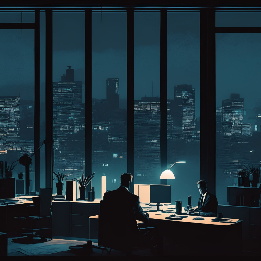 Late evening scene at a resolute crypto exchange office in neorealist style. Business figures in dialogues under the soft glow of table lamps. The office overlooks UK's cityscape, accentuating the tension between progress and regulation with cool, moody colors.