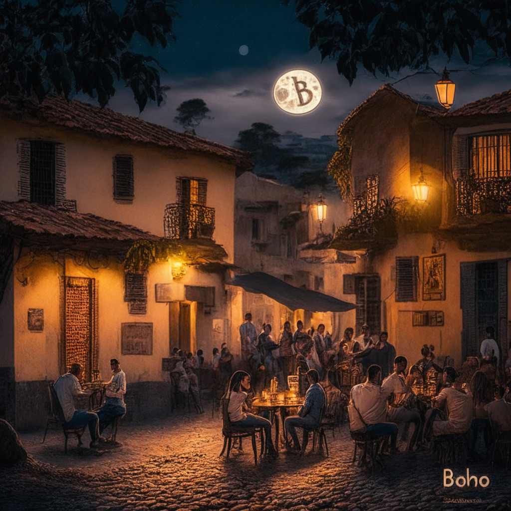 An enchanting scene from Colombia's bustling coffee landscape, infused with subtle Bitcoin symbols. Spanish-colonial style buildings line cobblestone streets, radiating warm, welcoming tones under a dusky twilight sky. Locals sip coffee at a lively café, signifying entrepreneurship and community. The moon, replaced with a Bitcoin, amplifies crypto's growing influence and its promise, despite evident challenges.