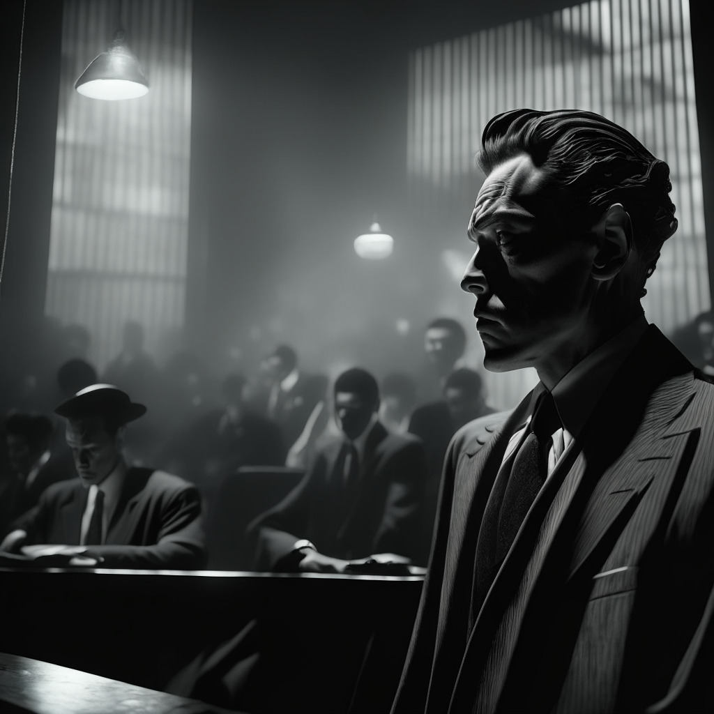 Dramatic courtroom scene, Sam Bankman-Fried dressed in an unusual suit, a hint of remorse showing though. Muted lighting, noir-style emphasizing the seriousness of the situation. On the other side, a bustling technological hub in Hong Kong, sunlit amid skyscrapers, the first crypto license glowing. The scene is intense, merging elements of doubt and progress.