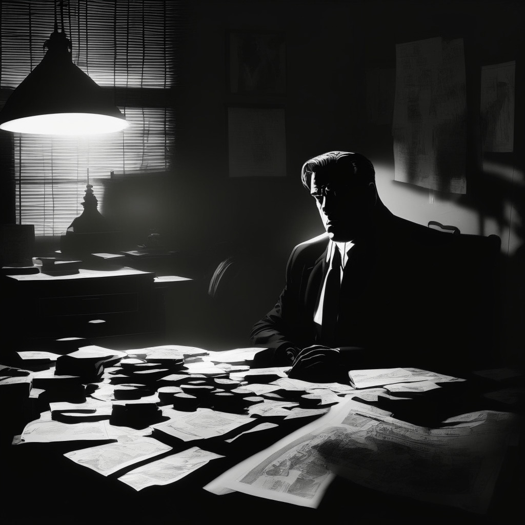 A high contrast, noir-style image of a senator in a dark-filled room, a symbolic shadow of suspicion cast over him. Glints of gold, hints of cash, and mortgage paperwork strewn on a desk, light reflecting off each piece like accusations unveiled. The overall mood of the image should be intense, surreal, suggesting a paradox between the traditional and digital financial world.
