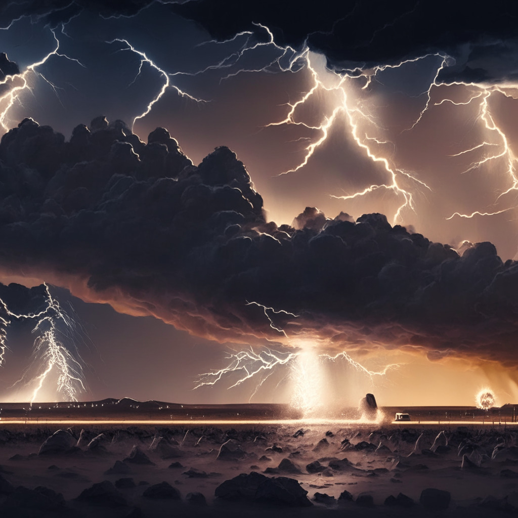 Dramatic, volatile landscape of a barren desert, representing the cryptocurrency market, shadows of massive dollar value represented as departing cloud formations under a twilight sky, subtly lit by a flash crash lightning in the distance, surging tide embodying the sudden surge in cryptocurrency, spectacle of ignited beacons representing institutional interest, with a somber, apprehensive mood.