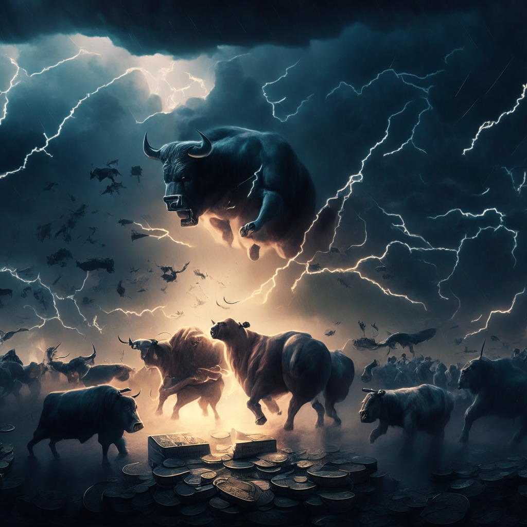 A stormy financial landscape at twilight, filled with imagery of bulls and bears engaged in a tense tug-of-war, illustrating the volatile cryptocurrency market. Bitcoin, Ethereum and other coins are scattered, some sturdy, others tilting. The scene is cast in dramatic Renaissance lighting, emphasizing the struggle and unpredictability but with infrequent rays of hope piercing through the ominous clouds, symbolizing unwavering investors.