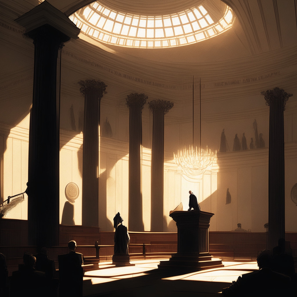 A late evening scene in a traditional courtroom, pillars of marble, high ceilings, shadows cast by soft light filtering through high, arched windows. Center stage, a figure symbolizing the SEC, stern and unyielding, holds the scales of justice, their shadow resembling Putin. In the background, representative figures of BlackRock, Fidelity, and a Bitcoin ETF hover expectantly. Mood: tense anticipation with a sense of controversy.