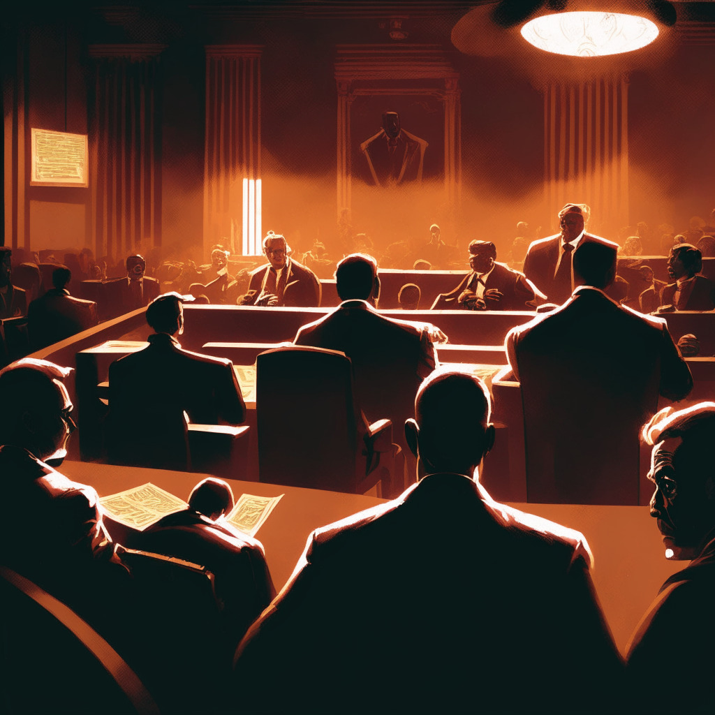 An intense courtroom scene, illuminated by stark fluorescent light reflecting off mahogany furniture. Judges presiding, lawyers arguing passionately. In the background, shadowy figures representing enigmatic cryptocurrency symbolism, suggesting secretive transactions. In the foreground, a man bearing guiltiness. Mood captured: anxious anticipation, uncertainty.